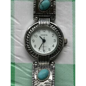 Geneva Silver Tone Red And Blue Stone Women’s Quartz Watch